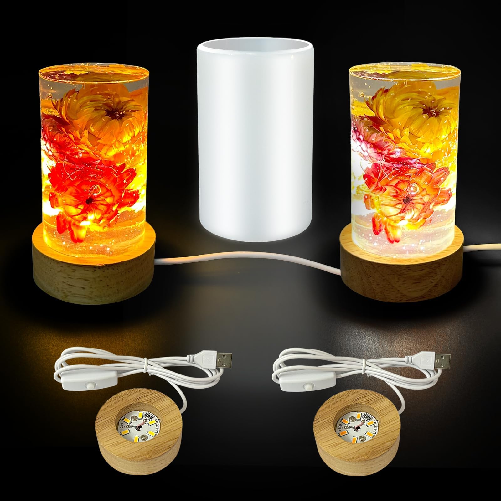 Cylinder Light Resin Mold,LED Silicone Resina Mould with 2 Pcs USB Powered Wooden Lighted Base Stand for DIY Table Crafts Party Wedding Desktop Lamp Home Decor