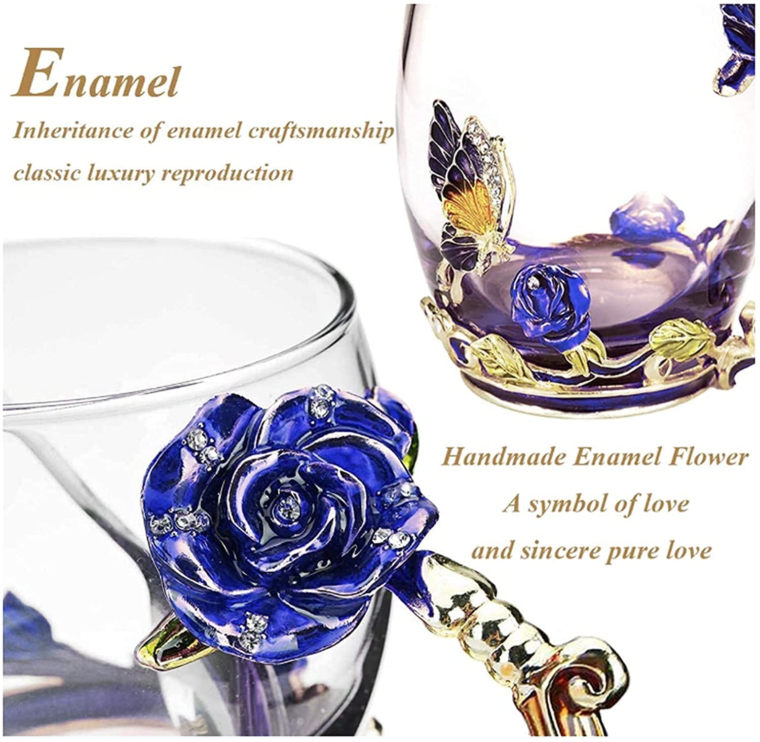 Kaffeetassen aus Glas mit Blumenmotiv, Emaille-Glastasse, Emaille-Blumen-Teeglas, Kaffeetasse, Glastasse, Teetasse aus blauem Rosen-Emaille-Kristall, Kaffeetassen aus Glas mit Blumenmotiv, Schmetterli