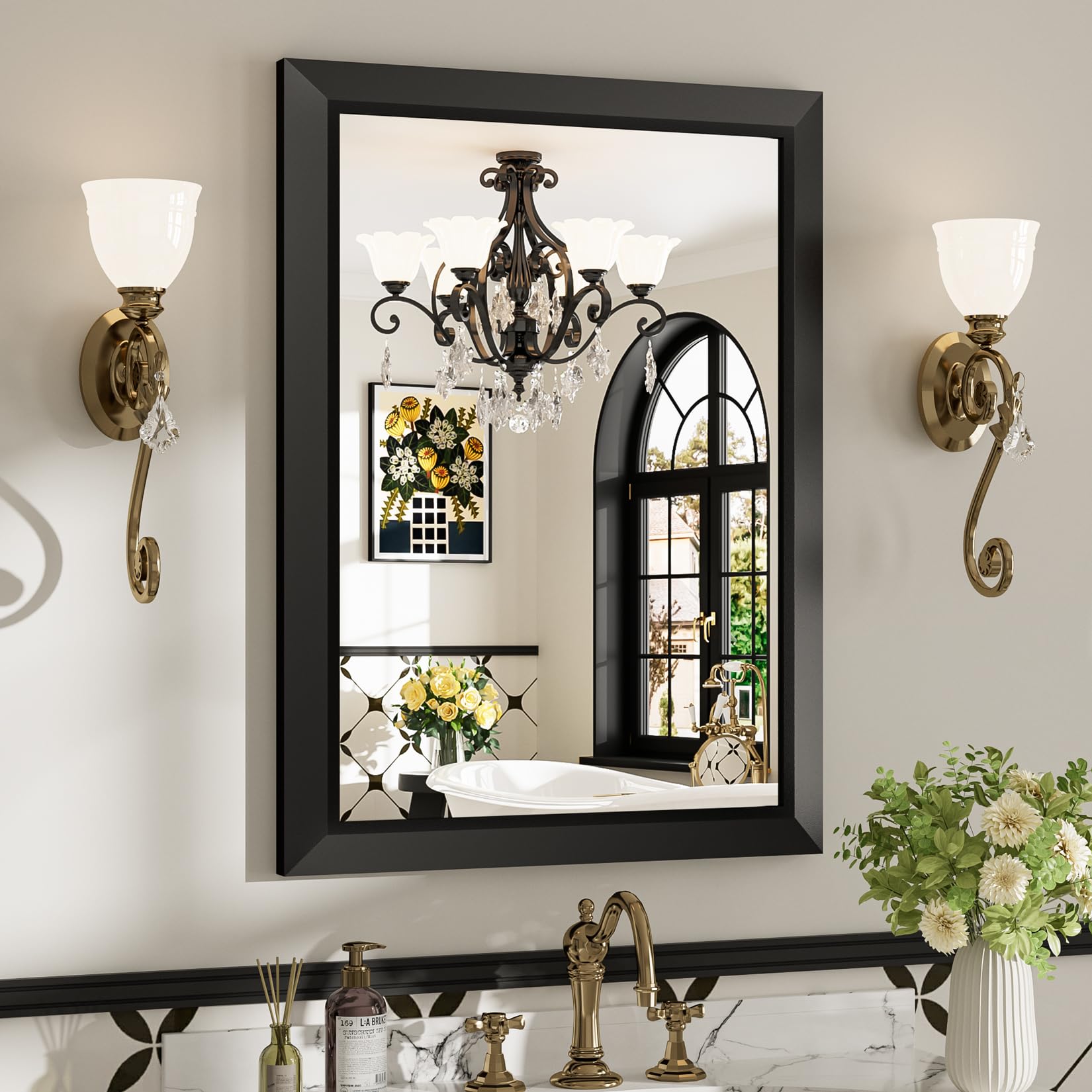 22x30 Inch Black Bathroom Mirror for Wall Beveled Framed Rectangle Bathroom Vanity Mirrors for Over Sink Bedroom Living