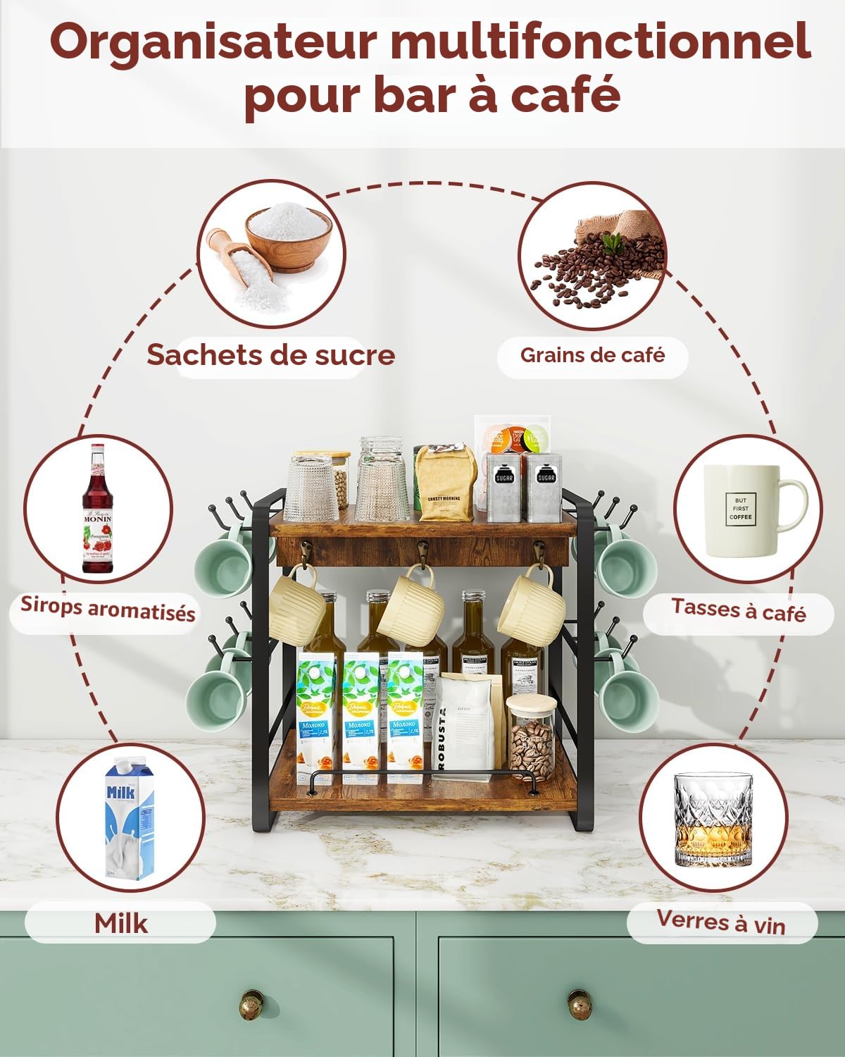 IBUYKE Organisateur De Comptoir De Bar à Café, Portetasse à 2 Niveaux Pour Cuisine, Organisateur Tasse à Café En Bois Avec 18 Crochets, Support Tasse Pour Maison,Cuisine Et Bureau,TBJ006H