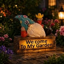 Solar Garden Gnome Welcome Sign,Lighted Welcome To My Garden Outdoor Garden Decor,Lying Faceless Gnome Statue with Floral Hat & Chick,Resin Sign for Patio Porch Flower Bed,Gifts for Gardeners