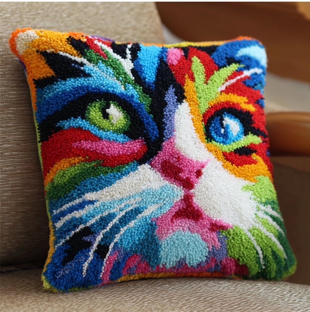 Taxpy Latch Hook Kits for DIY Throw Pillow Cover, Colorful Cat Colorful Handmade Pillow Case Cross-Stitch Embroidery Cushion for Home Decoration, Festival 17X17Inch