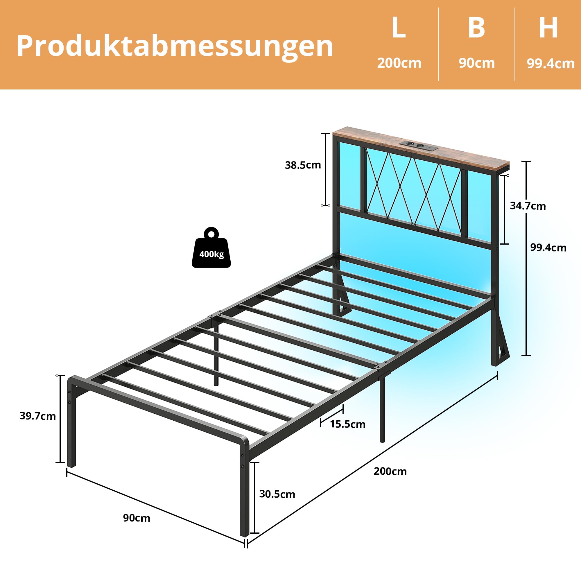 IRONCK Bett 90x200 mit LED Beleuchtung, Bettgestell 90x200 mit Steckdose, 1 USB, 1 USB-C-Anschlüsse, Metallbett mit Kopfteil und Stauraum, Jugendbett, Einzelbett mit Metal Lattenrost