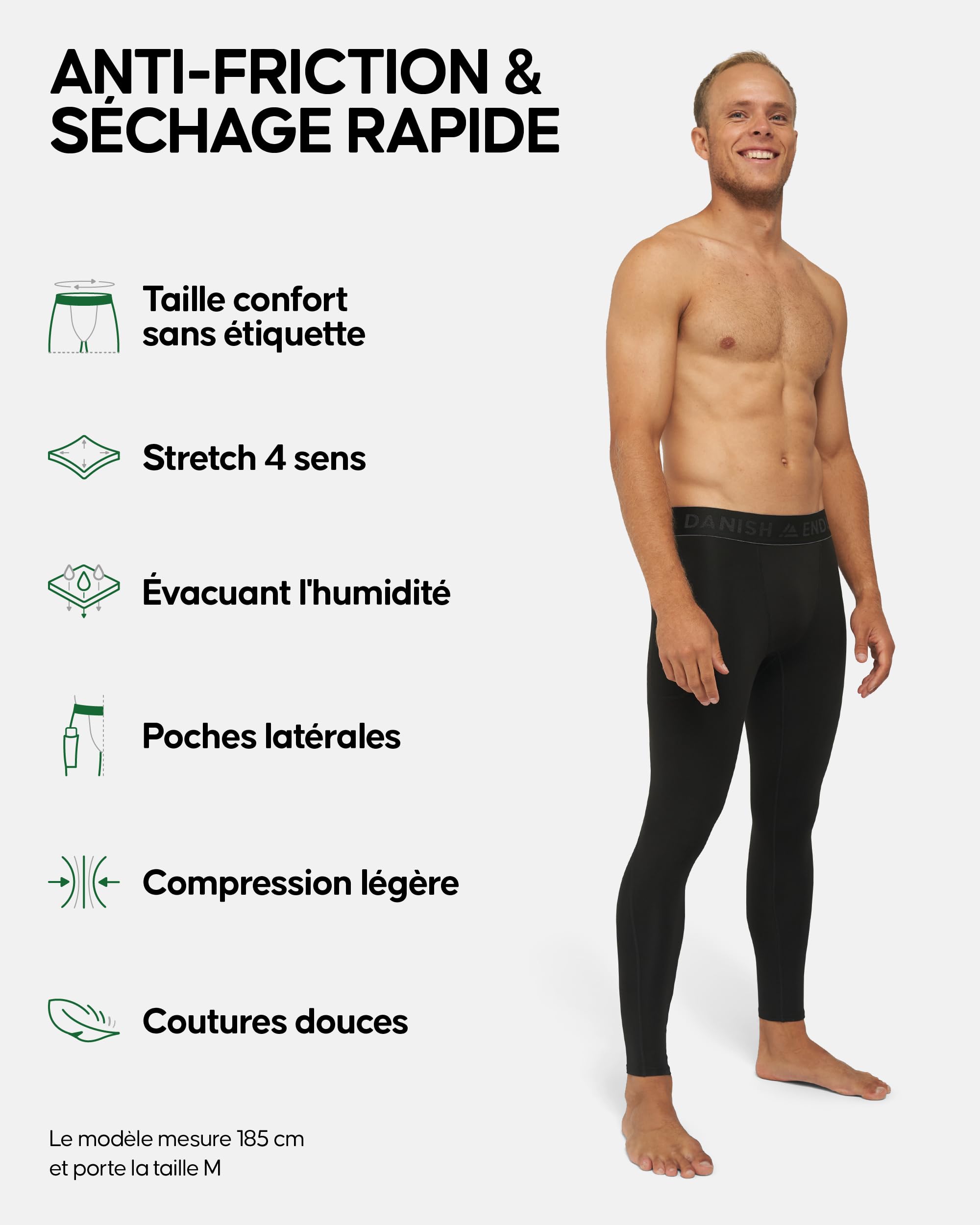 DANISH ENDURANCE Leggings de Compression pour Hommes, Collants de Course à Séchage Rapide et Anti-frottements, pour la Salle de Sport et l'Entraînement, Lot de 2