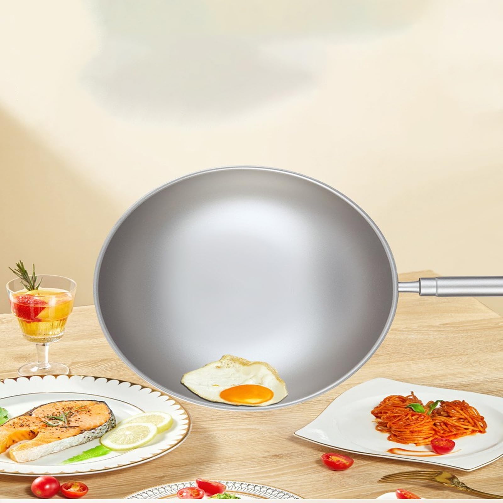 Pure Titanium Ultra Lightweight Wok Wok Pan with Lid,Woks & Stir Fry Pans with Stay-Cool Handle,Flat Bottom Wok Suits for Induction, Electric, Gas, Halogen, All Stoves (A 36cm)
