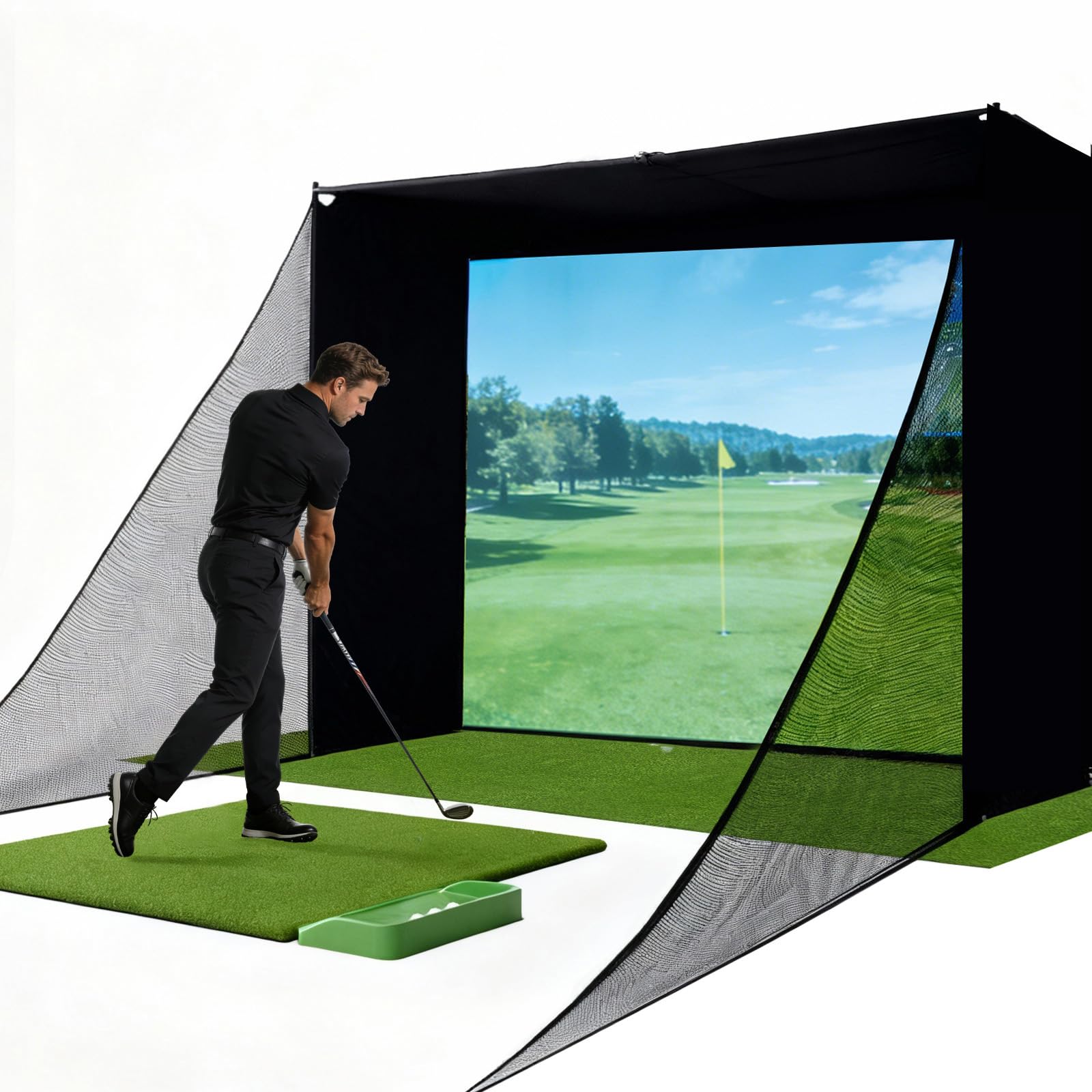 Premium Golf Simulator Enclosure Kit with HD Impact Screen | Includes Safety Padding, Blackout Curtain & Frame System | Home Setup Compatible with All Major Launch Monitors | Indoor Golf Training Net