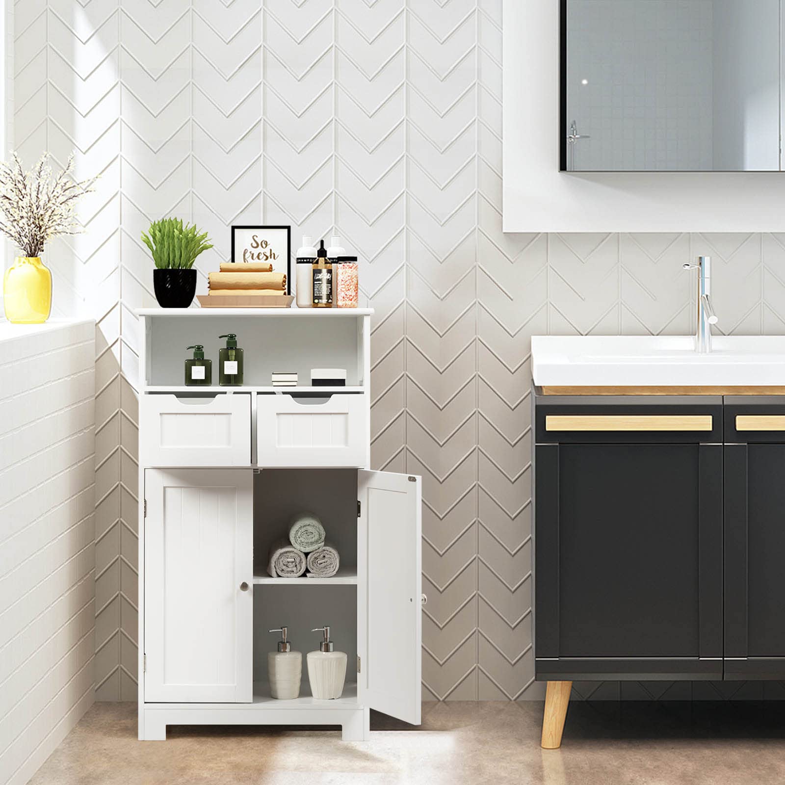 KOMFOTTEU Mobile da Bagno con 2 Cassetti e 2 Armadi a Porta, 60 x 30 x 109 cm, Armadietto da Terra Autoportante in MDF, Armadio d’Archivio per Soggiorno, WC, Camera da Letto, Cucina (Bianco)