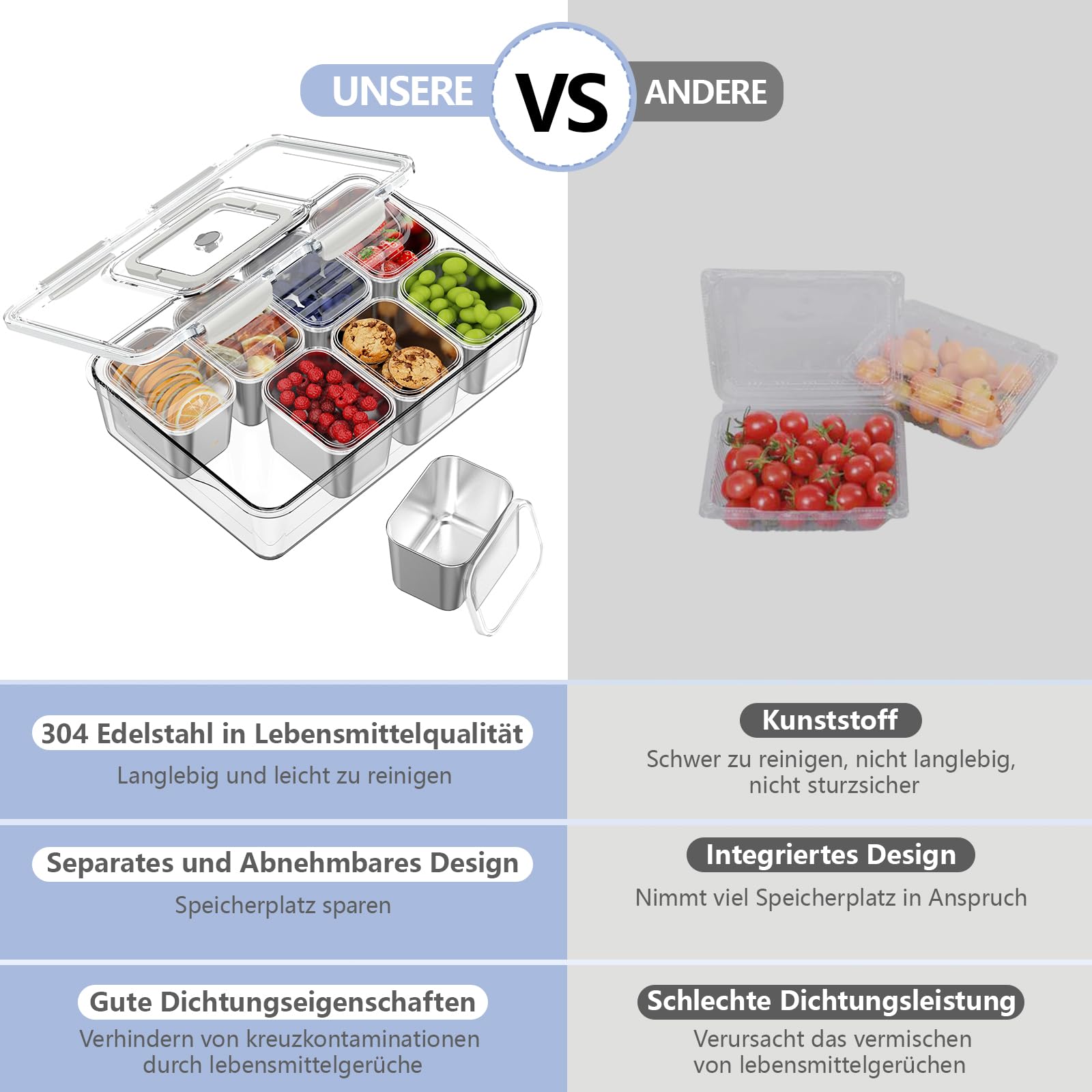 JINDUN Snackbox mit 8 Edelstahl Fächern, Snackteller mit Griff und Deckeln