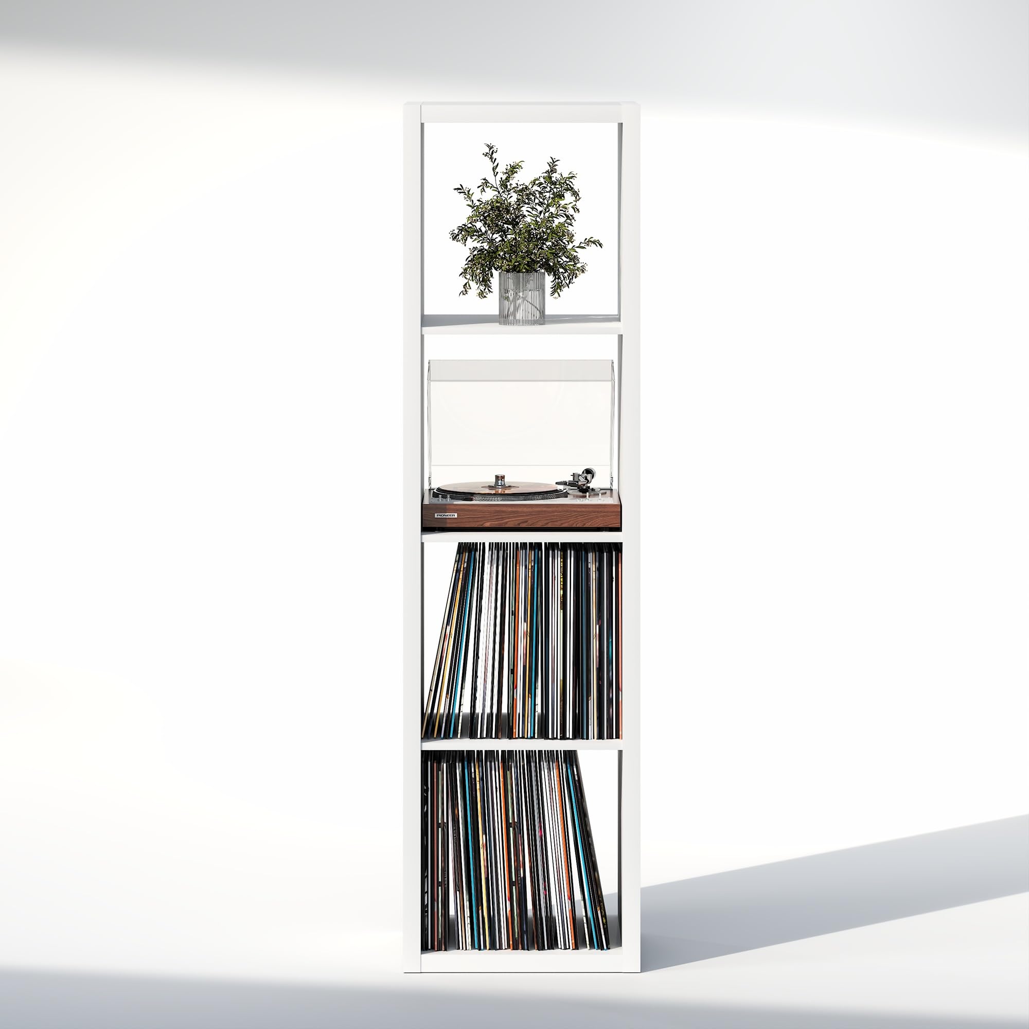 Furinno CUBICLE Mobile per Giradischi con Raccoglitore per Vinili, 4-Cube 1.2 Extra Spesso Raccoglitore per Dischi in Vinile, Scaffale Multimediale Aperto sul Retro per CD DVD Dischi, Bianco
