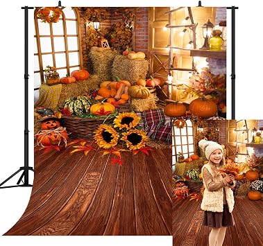 Fall Photo Backdrop for Fall Party Decorations Halloween Backdrop Thanksgiving Wooden Floor Barn Autumn Pumpkins Maple Leaves Sunflower Background for Kids Adult Family Party Banner 5x7ft