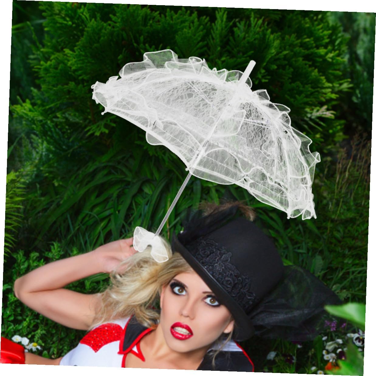 GALPADA 2pcs Wedding Lace Umbrella Set Black White, Vintage Bridal Parasol for Sun Protection, Decorative Lace Flower Umbrellas and Adults, for Weddings, Tea Parties, Dance Props image 4