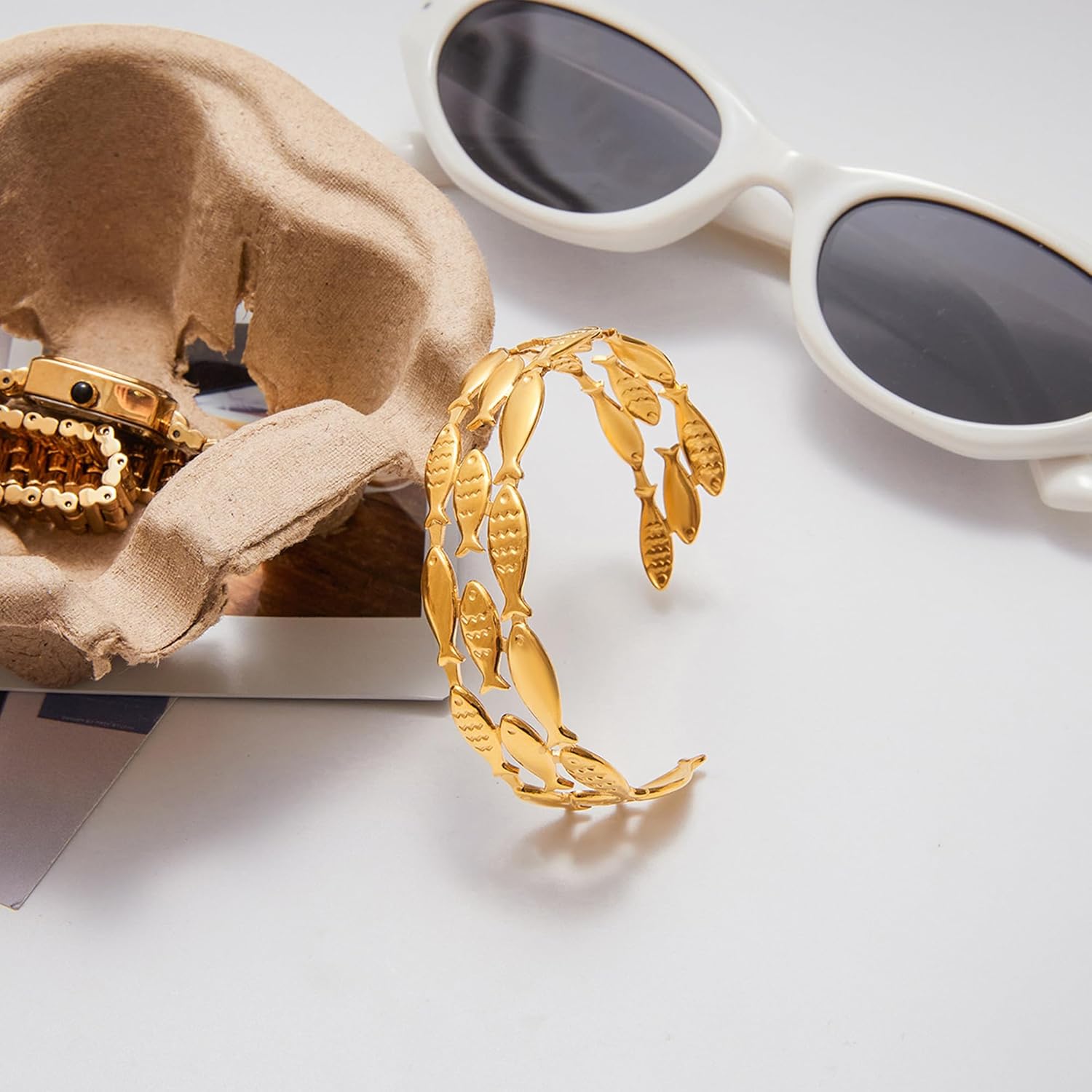 Chunky Gold Cuff Bangle Bracelet for Women Fish/Starfish Bracelets Statement Adjustable Jewelry - Image 2