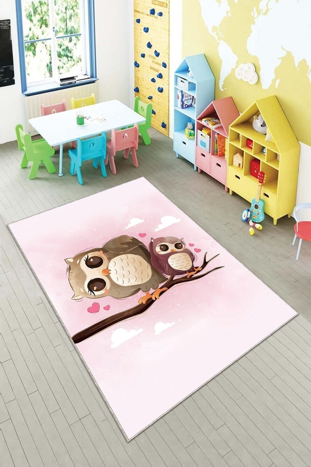 Pelangi Pembe Kuş Desenli Yıkanabilir Kaymaz Taban Leke Tutmazbebek Ve Çocuk Odası Halısı, Pembe-Kahve 80 x 600