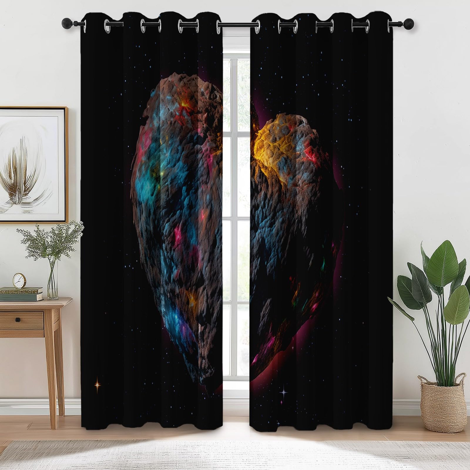 100% zasłony zaciemniające, fantazyjne meteoryty, gwiaździste niebo, 140 x 102 cm (2 panele) nadruk termiczny z przelotkami, oszczędność energii, zasłony zaciemniające do sypialni i salonu kolor