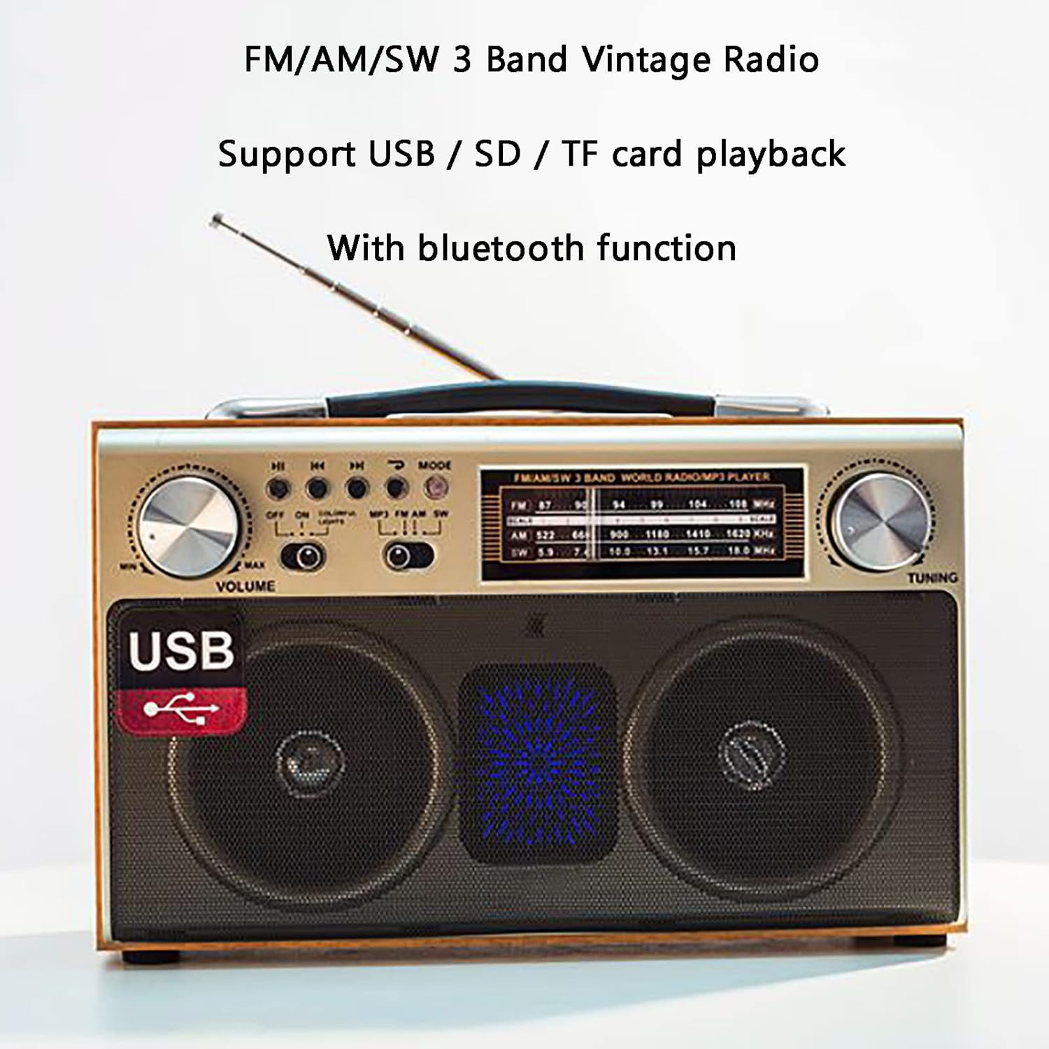 Radio Bluetooth, Radio FM, Radio Cassette Retro, Radio DSP, Reproducción Estéreo, Soporte para Tarjeta TF/Reproducción SD/USB, Estilo Retro Clásico, Recargable por USB