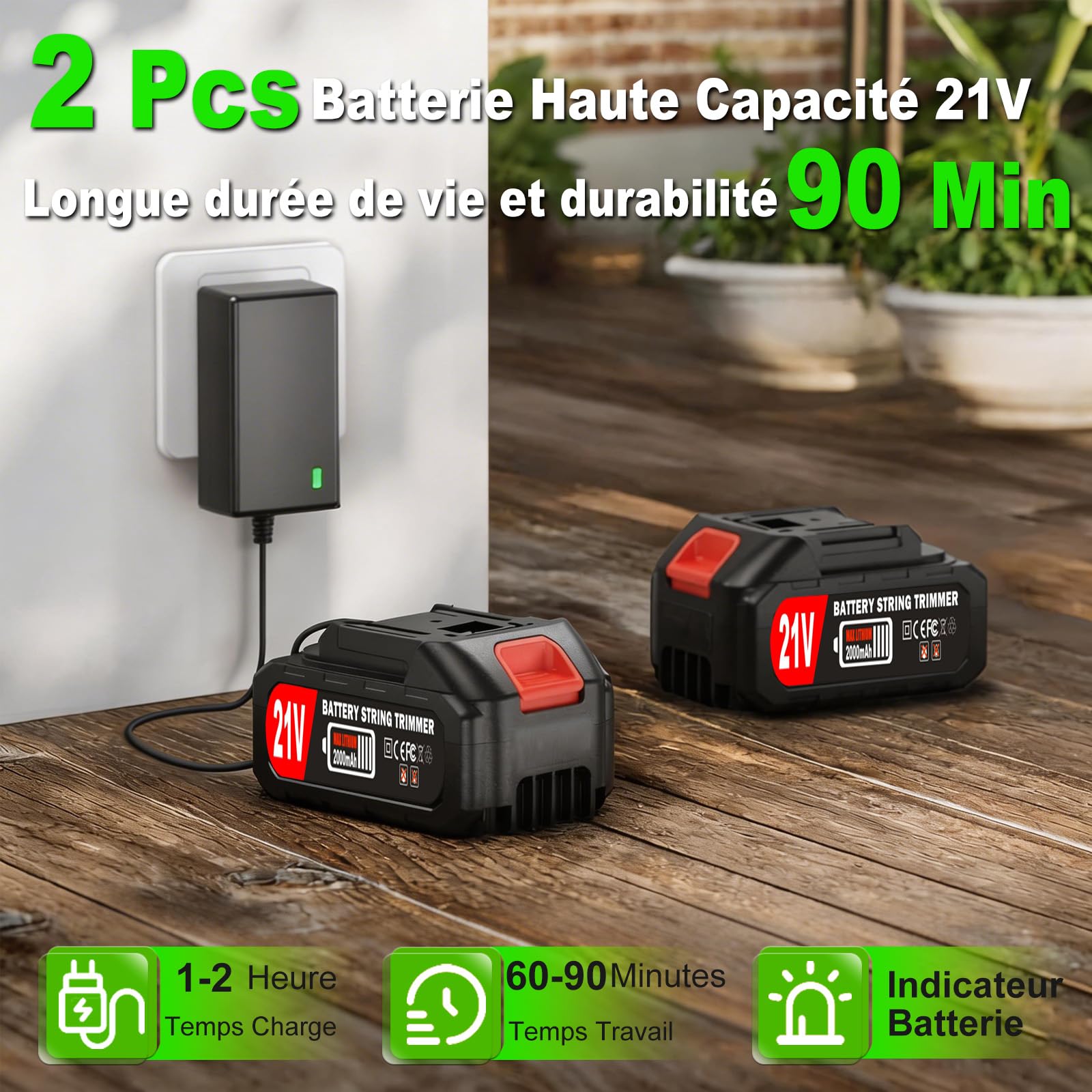 DéBroussailleuse à Batterie Electrique sans Fil 21V 2.0Ah Coupe Bordure avec 2 Batterie et Chargeur de Coupe Bordure avec et Roues Amovibles,Légères et à Faible Bruit,pour Jardin, Pelouse, Ferme