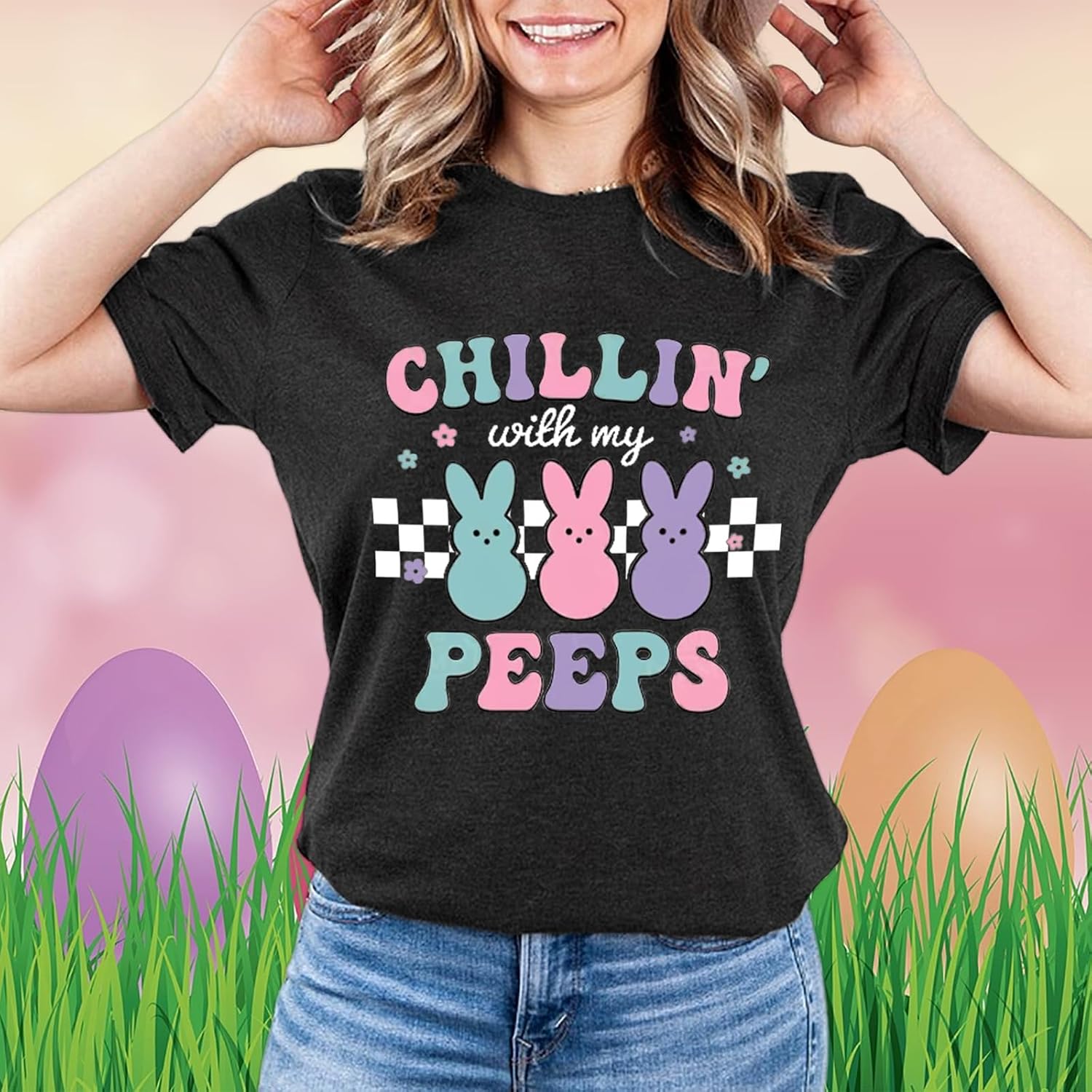 Women Happy Easter Shirts Funny Bunny T-Shirt Rabbit Graphic Tee Tops - Image 4