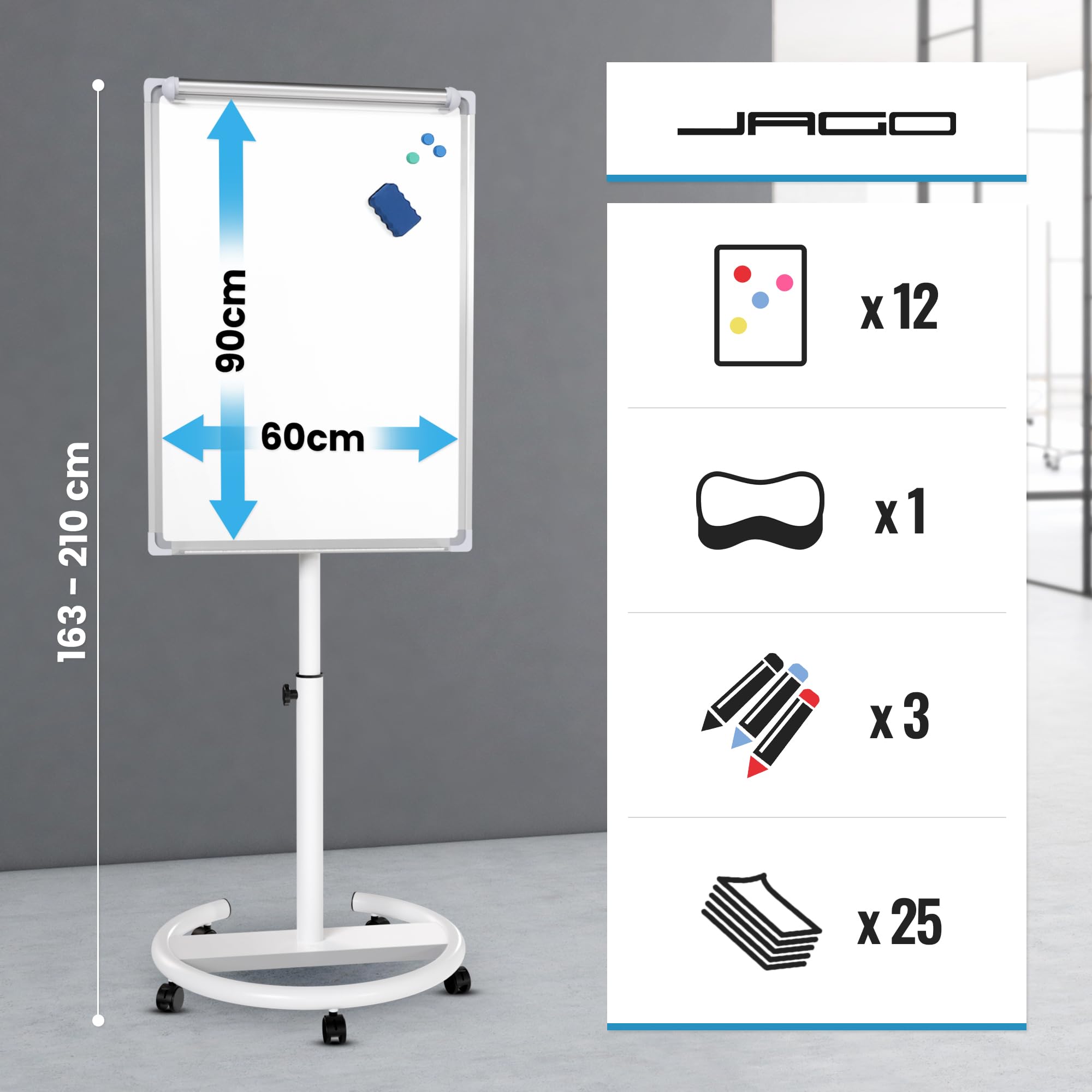 Jago® Lavagna a Fogli Mobili - con Ruote, Base Rotonda, 60 x 90 cm, Altezza Regolabile, 2 Bracci Estensibili, con Magneti, 25 Fogli, Spugna - Lavagna Portablocco, Flipchart, Bacheca Magnetica