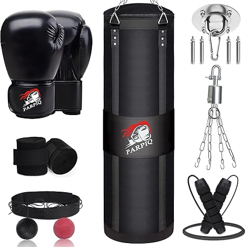 4FT Hanging Punching Bag for Adults, Unfilled Canvas Heavy Boxing Bag Set with 12oz Boxing Gloves Hand Wraps, Jump Rope, Reflex Ball for MMA
