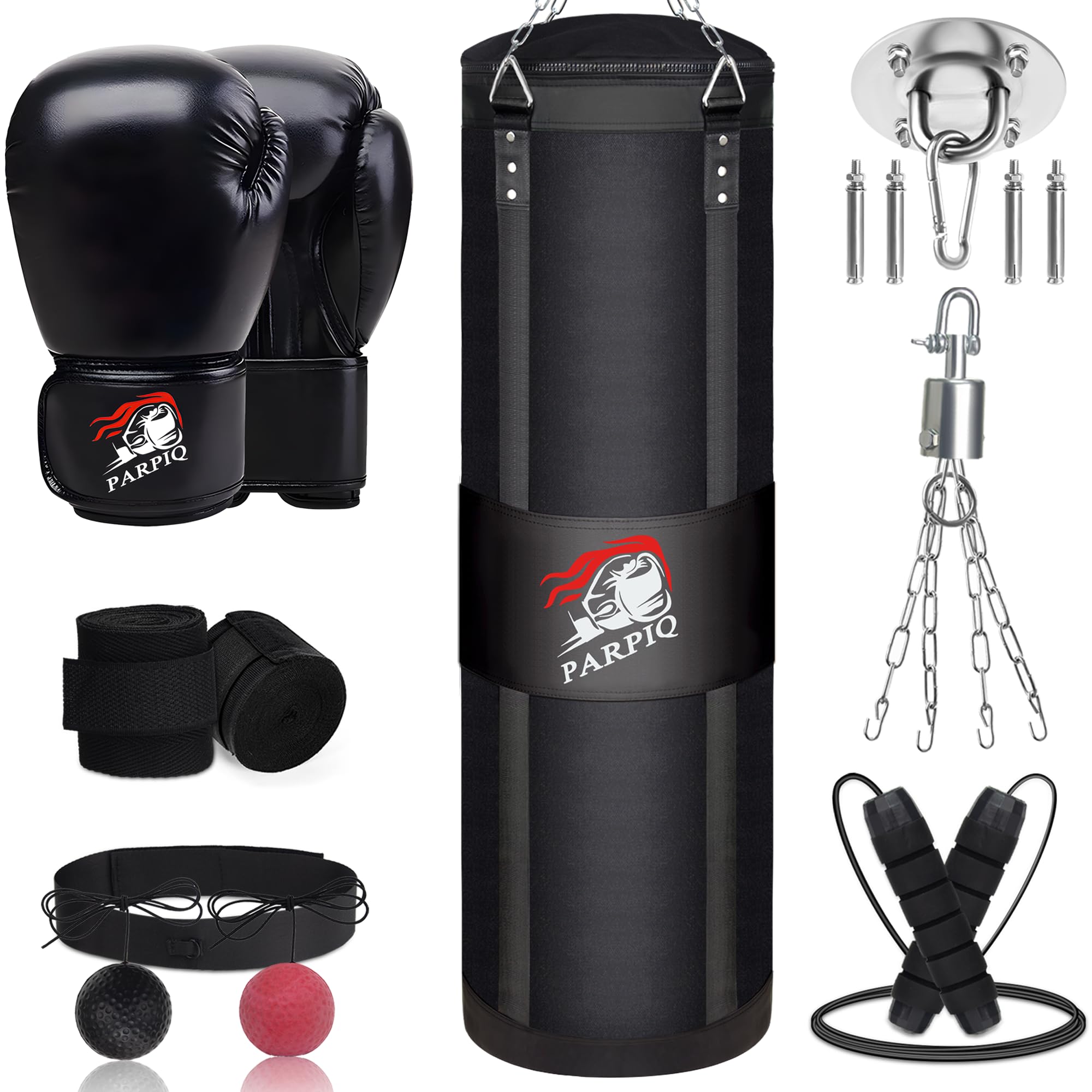 4FT Hanging Punching Bag for Adults, Unfilled Canvas Heavy Boxing Bag Set with 12oz Boxing Gloves Hand Wraps, Jump Rope, Reflex Ball for MMA