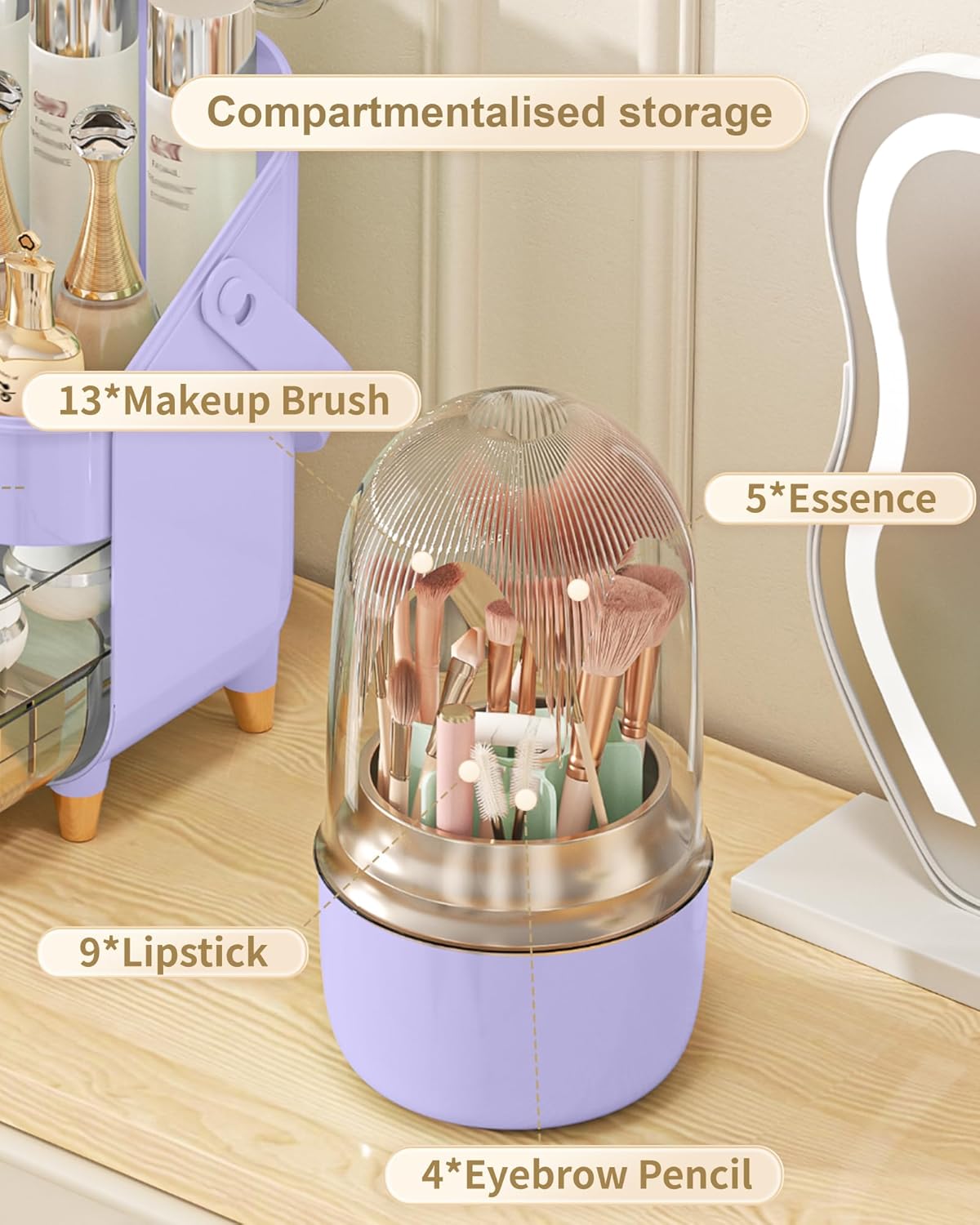 Makeup Brush Holder 360 Rotating, [Upgrade & with Cover] Makeup Brush Organizer for Vanity Countertop Bathroom (Purple) - Image 4