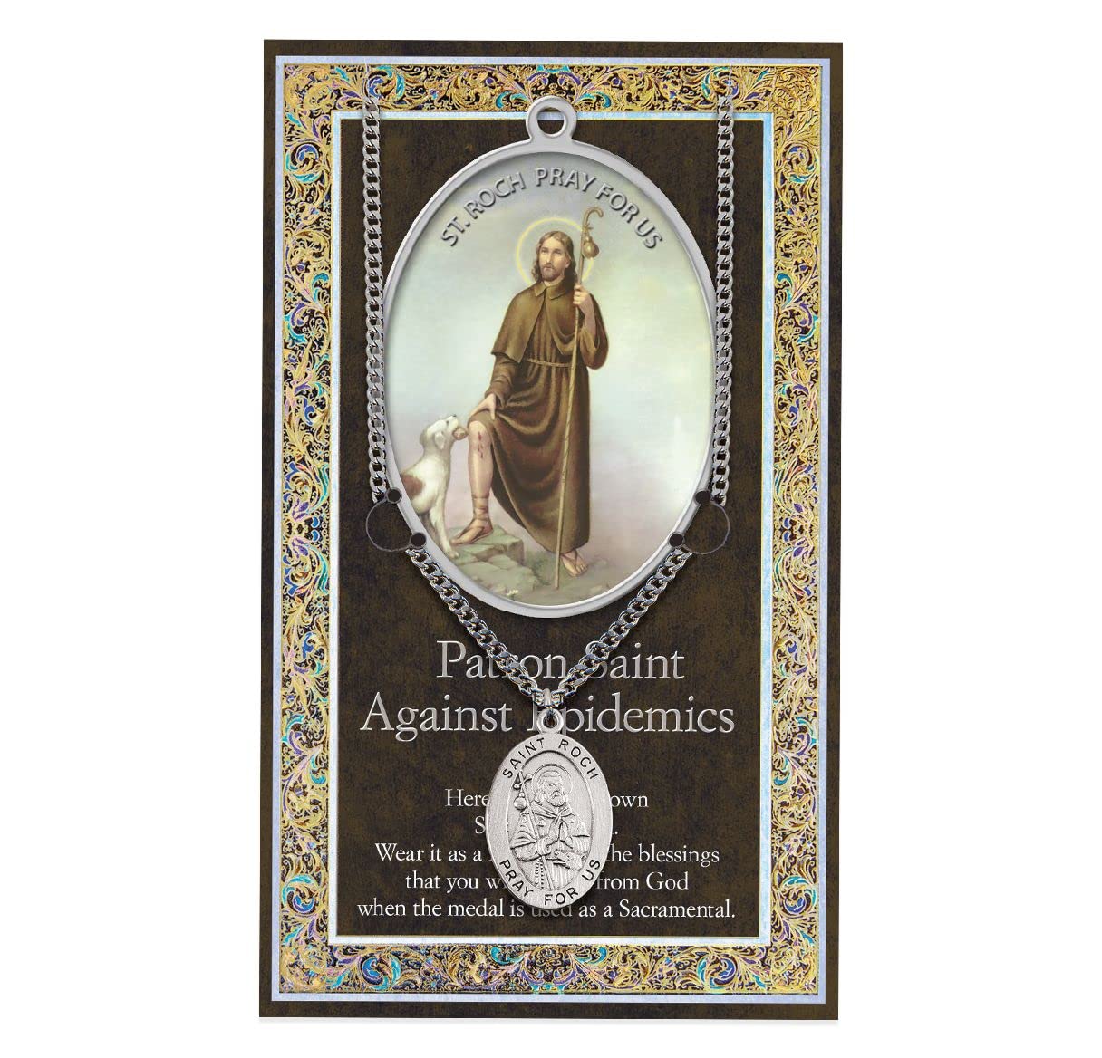 St. Roch (aka St. Rocco) Biography and Folding Picture Card with a Medal & Chain