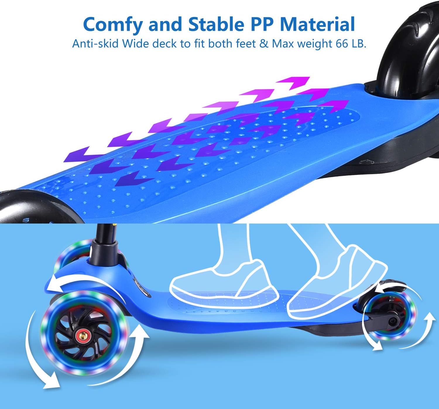 Hishine Kick Scooter Height Adjustable Lean to Steer with Flashing PU Wheels 3 Wheel Toy Folding for Kids Boys Girls