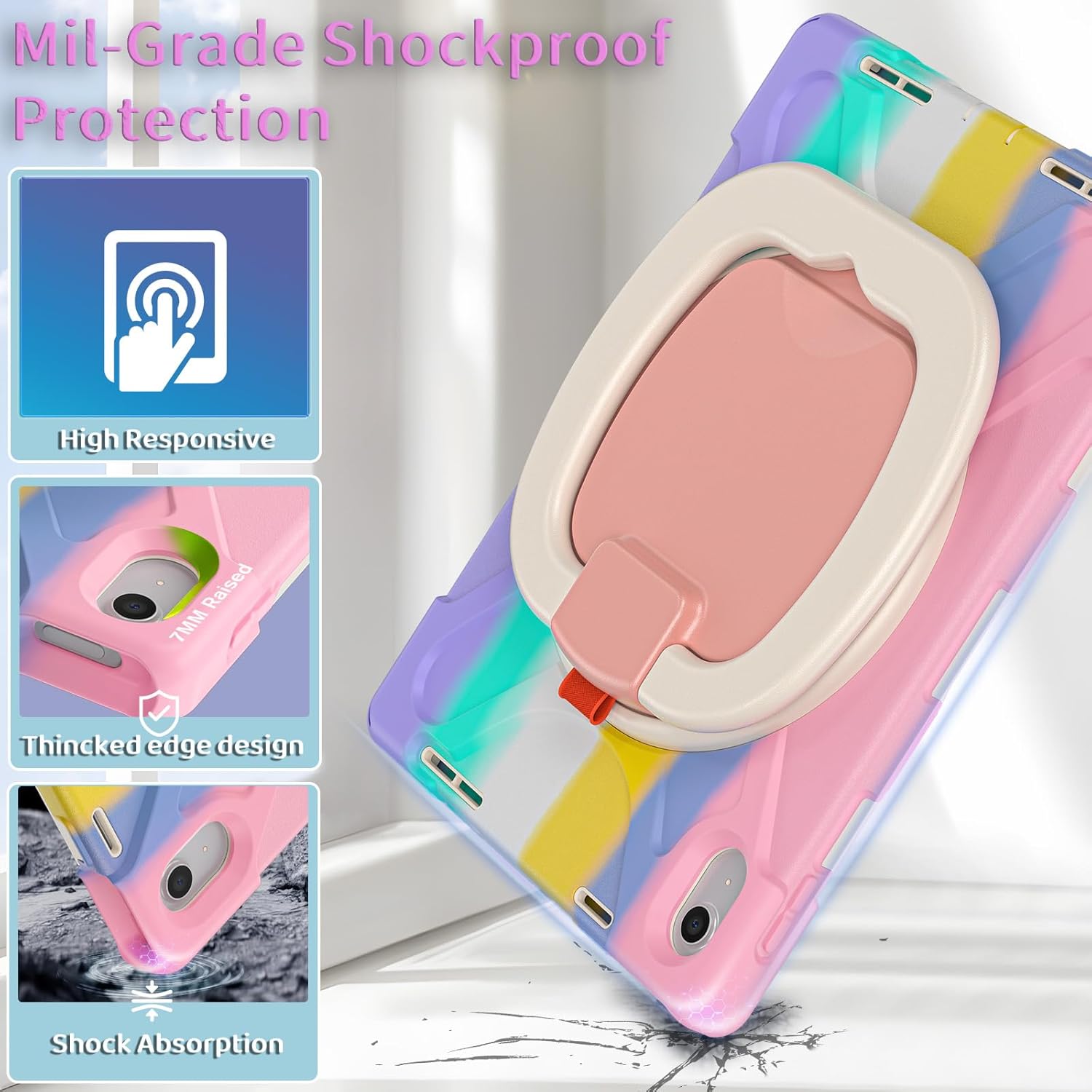 for iPad (A16) 11th/10th Generation Case 2025/2022 (11″/10.9″),Heavy Sturdy Shockproof Kids Case with Screen Protector,Rotating Stand/Pencil Holder/Shoulder Strap (Colourful Pink)
