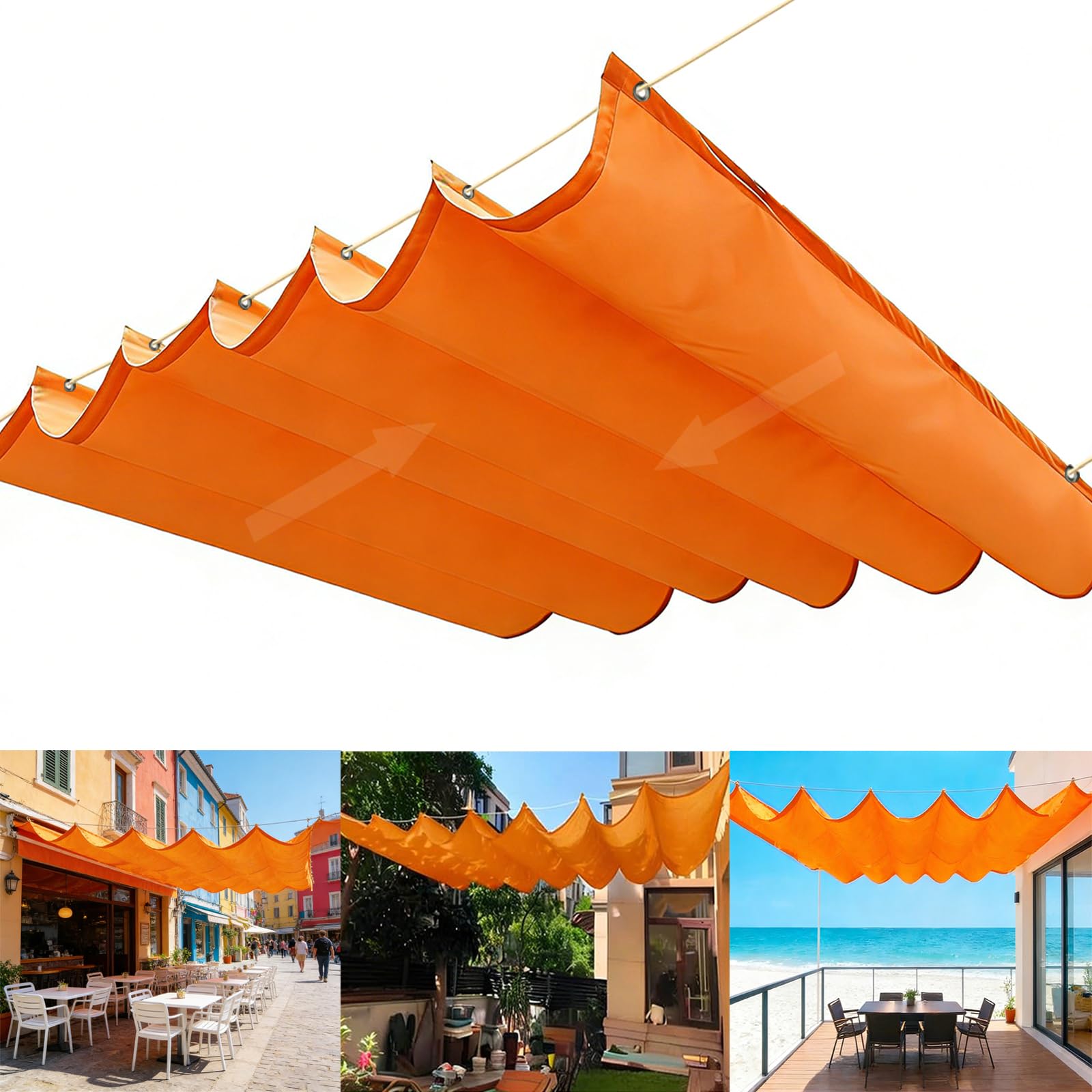 Retractable Wave Sun Shade Sail, Wave Awning Canopy with Eyelets and Rope, Adjustable Outdoor Sliding Canopy Cover Waterproof Outdoor Pergola for Garden Patio Yard-Orange||200x400cm