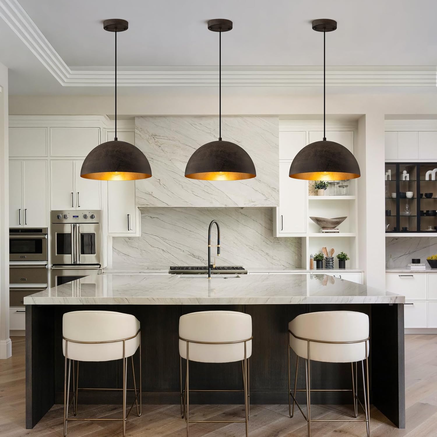 11.8" Farmhouse Pendant Light,Black with Brown Grain Industrial Dome Chandelier,Adjustable Vintage Pendant Lights Kitchen Island for Dining Room,Bedroom,Hallway