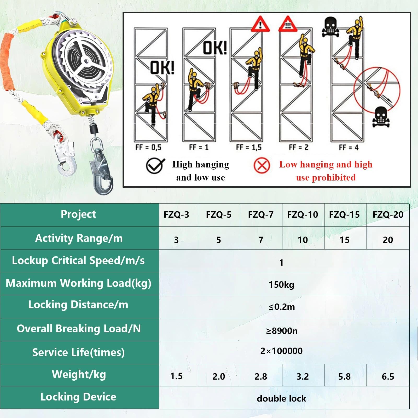 Dispositif Antichute a Rappel Automatique10m/15m/20m, Harnais de Securite Anti Chute Connecteurs et Crochets en Acier Allié, Ligne de Vie Auto-Rétractable pour Toit et Travaux aériens(Jaune,15m)