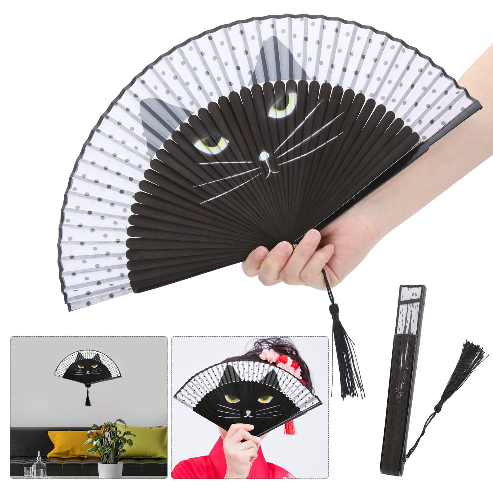 TOPINCN Klappbarer Katzenfächer Bemalter Tintenstrahl Im Japanischen Stil Cartoon Hand Hochzeit Tanzen Kirche Geschenke Klappbarer Kung-Fu-Fächer Im Japanischen Stil