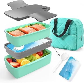 WHALEHOUSE 45 OZ Double-Layers Salad Container for Lunch, Bento Box with Ice Pack, Utensil & Cooler bag, Lunch Box with Lids for Meal Prep, Microwave/Dishwasher/Freezer Safe Green