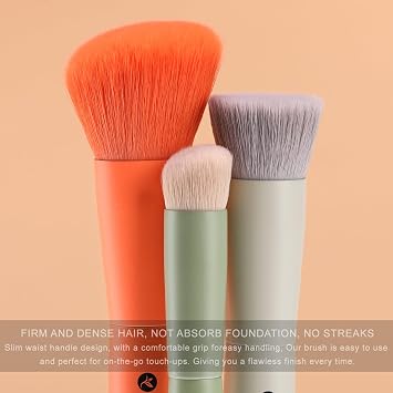 KINGMAS 3Pcs Foundation Brush & Contour Concealer Brush Under Eye & Blusher Brush Kabuki Makeup Brushes for Face Blush Bronzer Travel Buffing Stippling Contour Liquid Blending Makeup Brush set