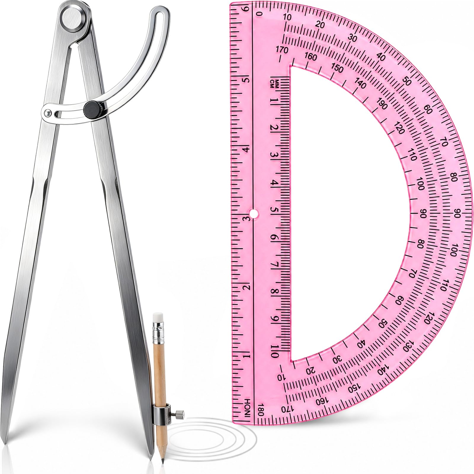 12 Inch Professional Compass for Woodworking with Wing &amp; Protractor, Pink