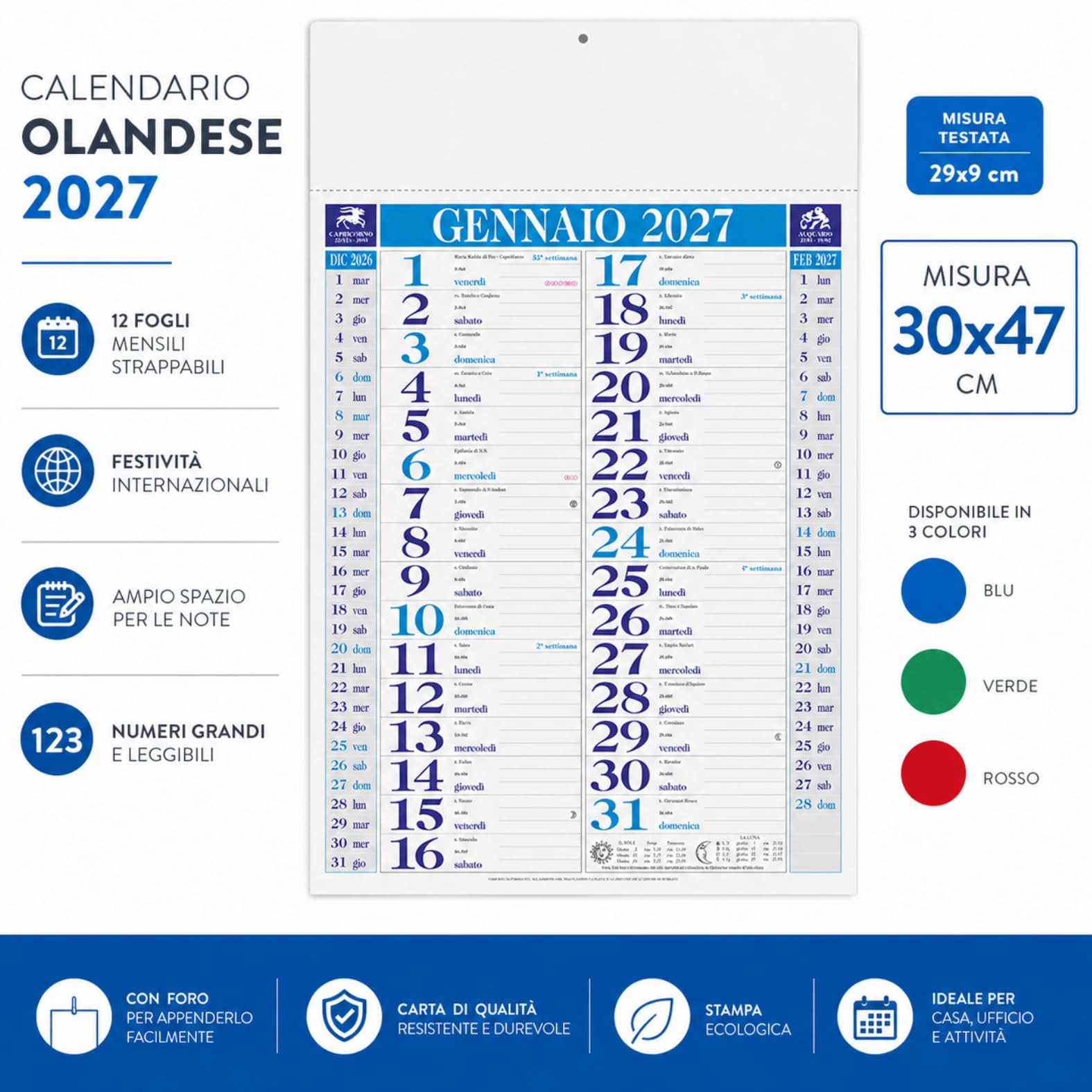 Calendari Personalizzati 2027 in Stock da 100 Pezzi Olandesi Grandi da Muro Notes sul Retro per Gadget Pubblicitari di Fine Anno e come Omaggio per i Clienti o Regali Aziendali | PA640