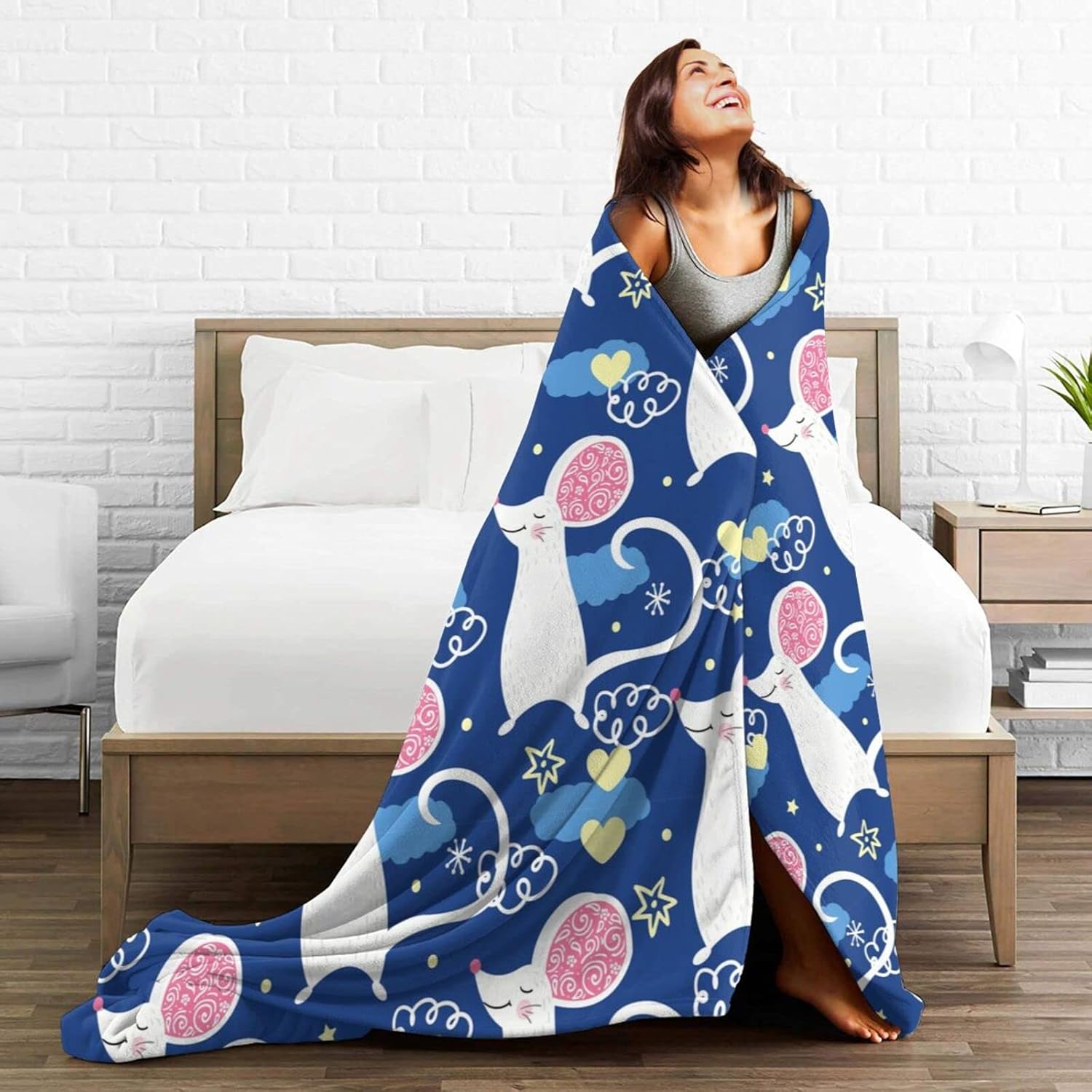 スーパーソフトフランネルブランケット かわいい面白いマウスシングルブランケット暖かく快適な抗ピリング帯電防止洗えるソファベッド -5