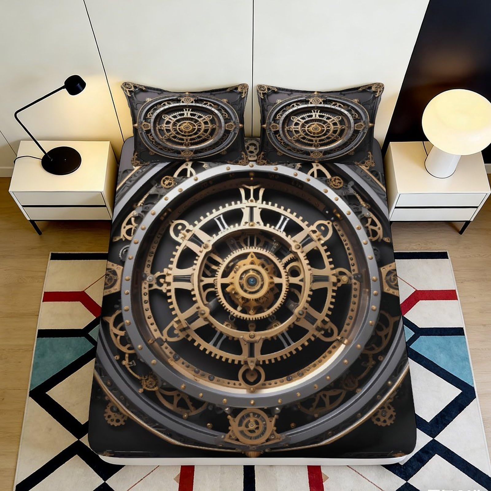 3D Printed Steampunk Clock Fitted Sheet Microfiber Soft Durable Vintage Gear Bed Cover for Bedroom Guest Room Decor 90x200x25cm