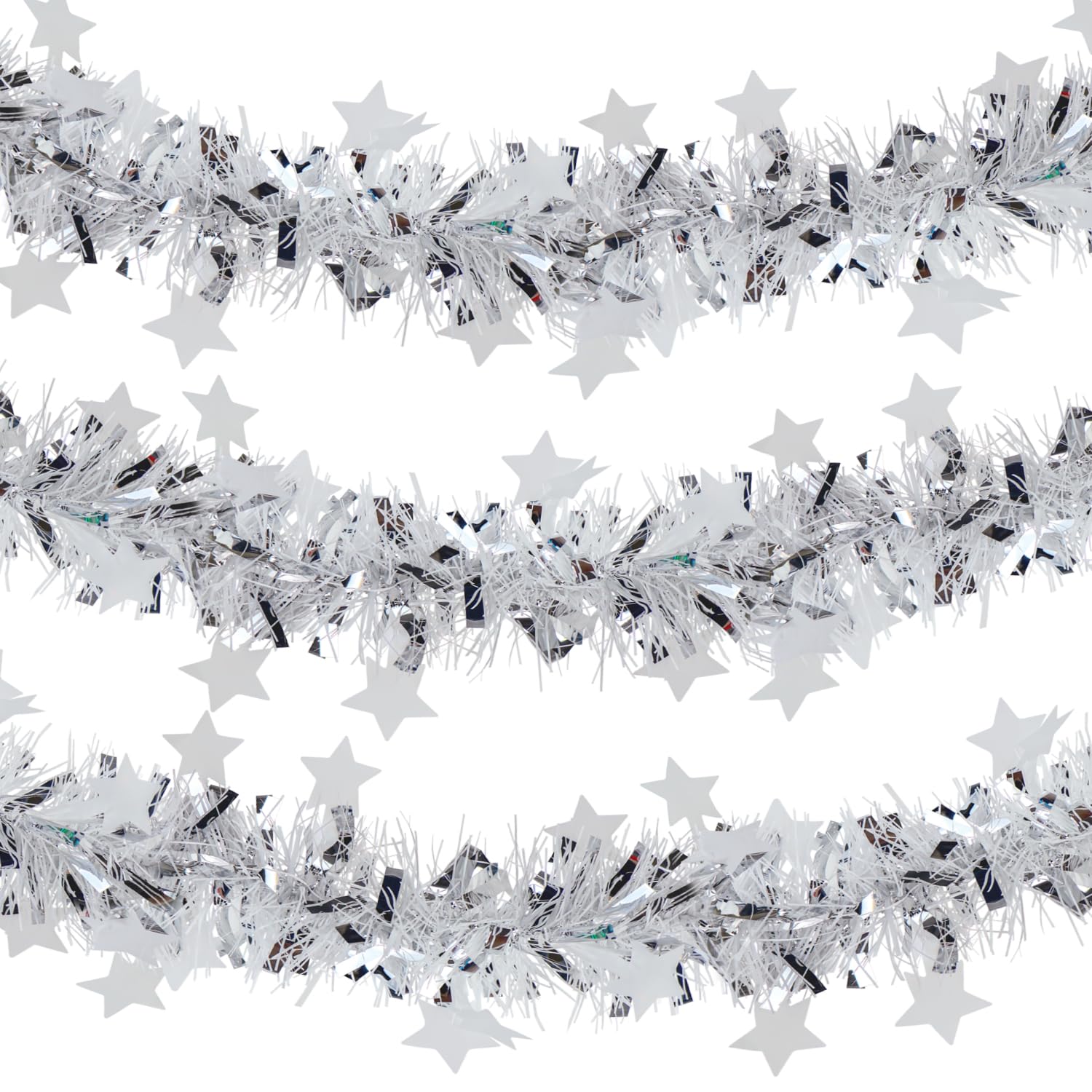 10 m / 32.8 ft Christmas Tinsel Garland, Long Xmas Garland Decorations Metallic Tinsel Strands Christmas Tree Boa Hanging Decoration for Xmas Home Decor Wreath Wedding Party (White Star)