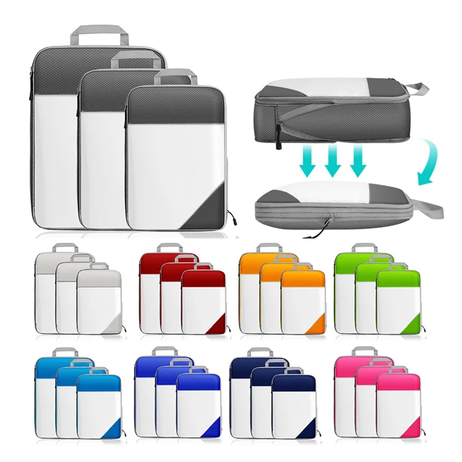 Cubi da imballaggio a Compressione Impermeabili e traslucidi - Set di 3/4 Borse da Viaggio Pieghevoli espandibili in Materiale Tup (opzioni di Colore Disponibili)