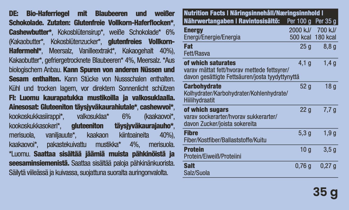 Bio-Haferriegel mit Blaubeeren und weißer Schokolade – Fruchtig, Vegan & Glutenfrei, 12 x 35 g