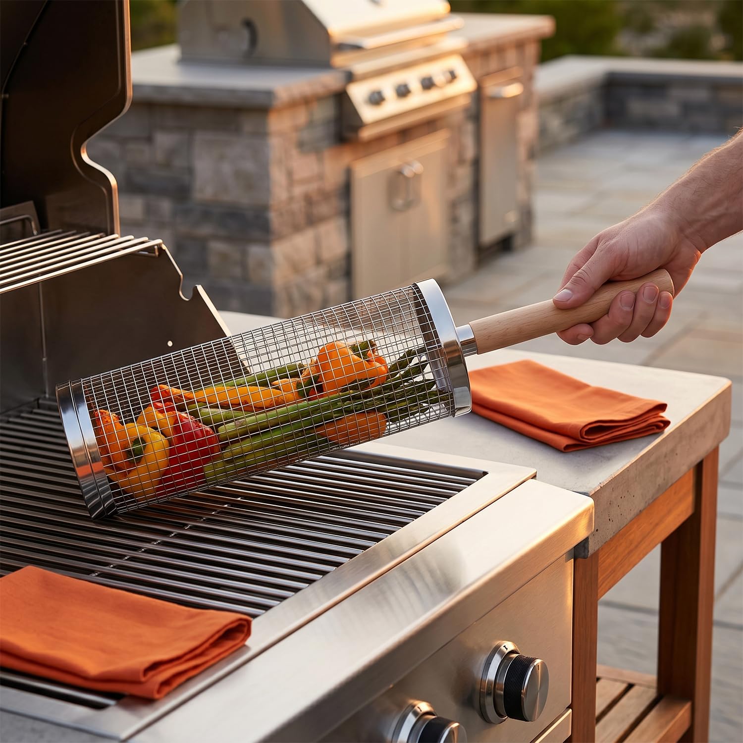 Rollbarer Grillkorb, Edelstahl-Grillkorb mit Holzgriff, tragbarer, drehbarer Grillkorb für Outdoor-Küche, Gemüse, Pommes frites, Fleischbällchen und Camping-Grillen