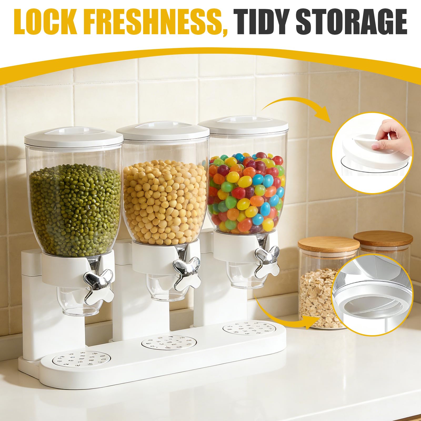 Cereal Dispenser 2L, Dreifacher Müsli Verteiler für die Arbeitsplatte, Müslispender 3er Set Luftdichte Behälter für Müsli, Reis, Körner, Süßigkeiten, Kaffebohnen