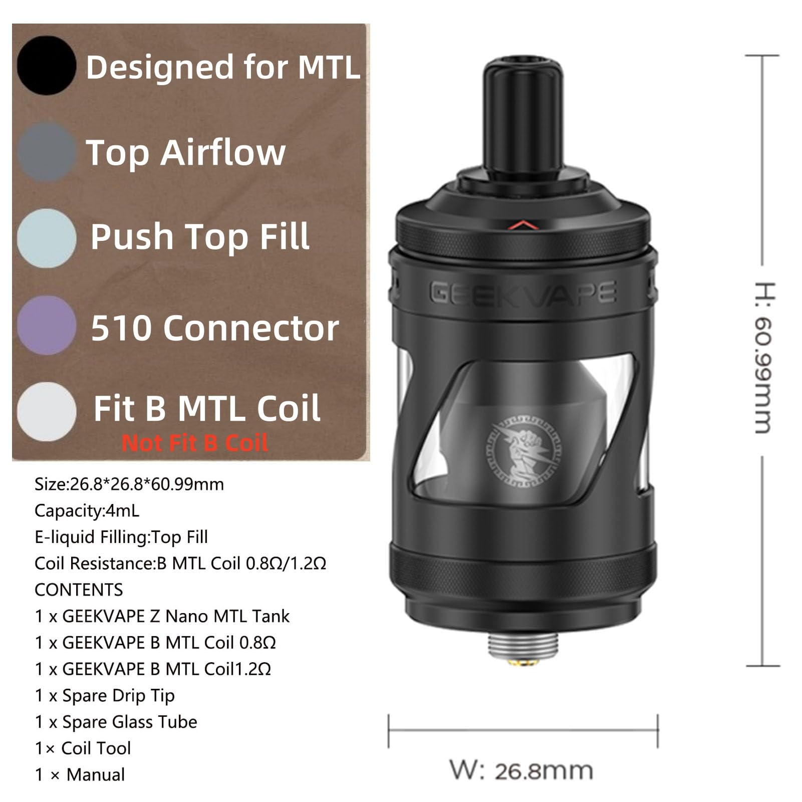 GEEKVAPE Z Nano MTL Tank - 4ml top-fill with 2 Drip Tips Compatible GEEKVAPE  Legend 3 / Solo 3 / M100 / L200 mod/B MTL Coil (0.8Ω/1.2Ω)