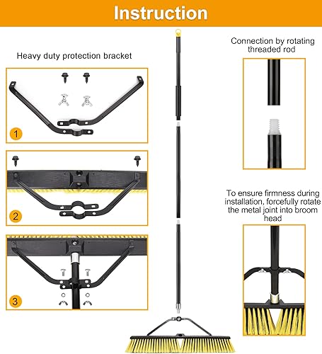Miniatura 5 de Escoba de empuje de 24 pulgadas para exteriores, escoba resistente con mango largo de 63 pulgadas para terraza, entrada, garaje, patio, limpieza de