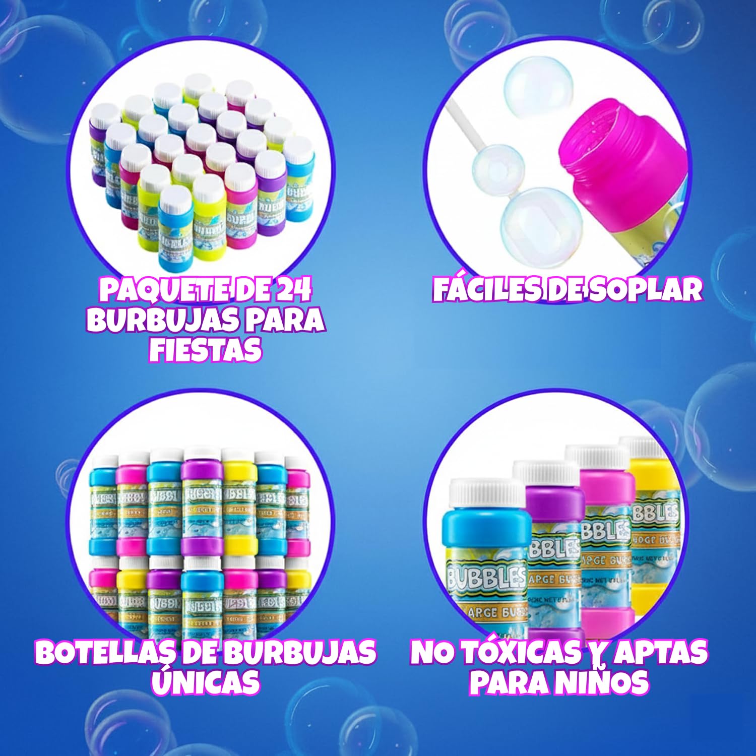 Burbujas de Fiesta para niños – Paquete de 24, 59,1 ml con varitas, Colores neón Surtidos para Juegos al Aire Libre, Fiestas de cumpleaños y Bolsas de Regalos