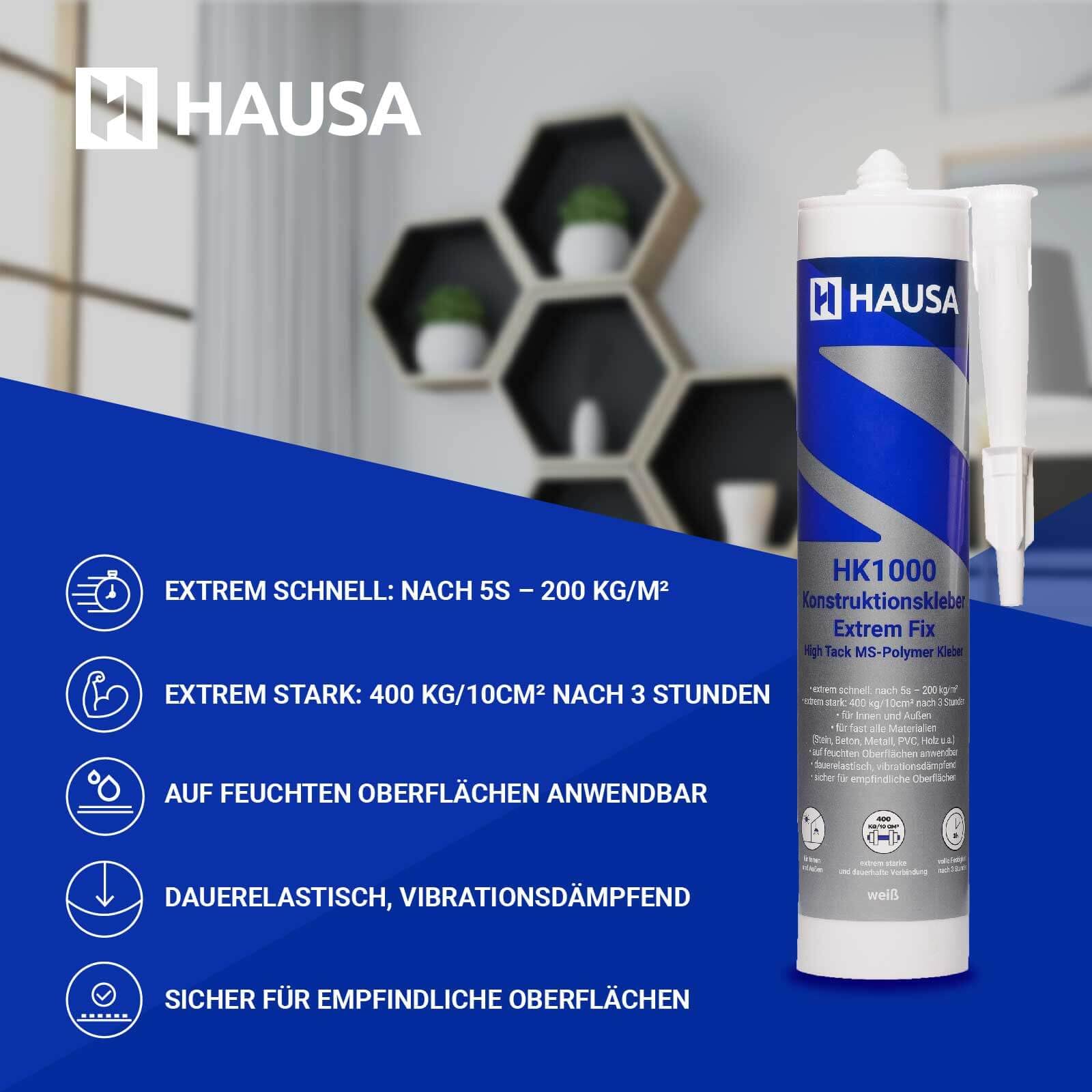 HAUSA Colle de construction HK1000 Extrem Fix Extrêmement forte et rapide Colle de montage professionnelle pour tout intérieur et extérieur Montage simple solide et rapide 6x 290ml Blanc