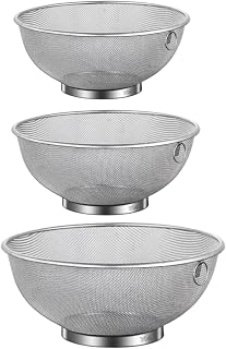 3 Pcs Stainless Steel Strainer Set, Fine Mesh Strainer, Include 7.1, 7.9, 8.7 in / 18, 20, 22 cm Food Colander Set, Rice Washing Basket for Kitchen, Space-Saving Stackable Design