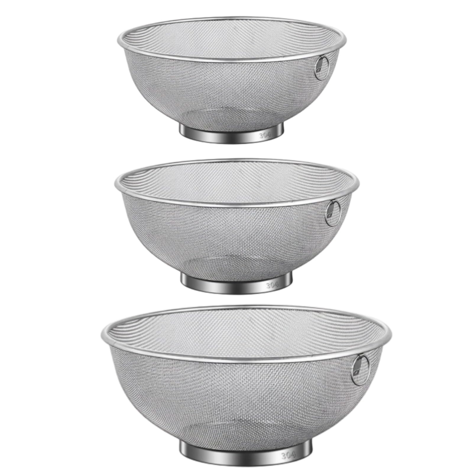3-teiliges Sieb-Set, feinmaschiger Edelstahl, 7,1, 7,9, 22,1 cm, 18, 20, 22 cm, Lebensmittelsieb-Set, Reis-Wäschekorb für Küche, stapelbar, platzsparendes Design