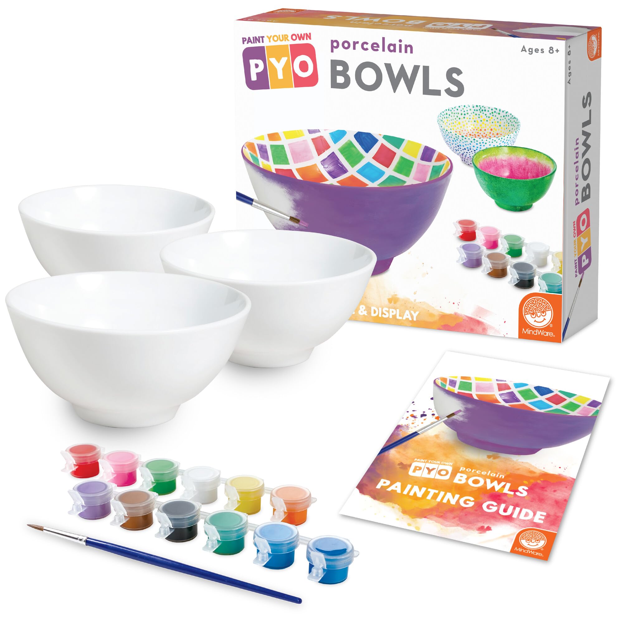MindWare Paint Your Own Porcelain Bowls for Kids - DIY Craft Kit Makes 3 Bowls, Includes Paint and Brush